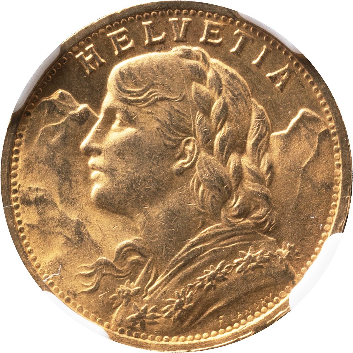 スイス 20フラン金貨 1899年B 未使用品 アルプスの少女 NGC(MS64)の画像2