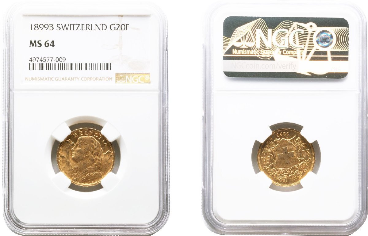 スイス 20フラン金貨 1899年B 未使用品 アルプスの少女 NGC(MS64)の画像1