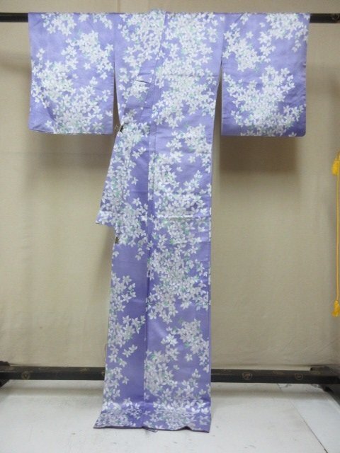 1 jpy superior article .. kimono fine pattern ... purple blow .... flower floral print lovely stylish high class . length 163cm.65cm[ dream job ]***