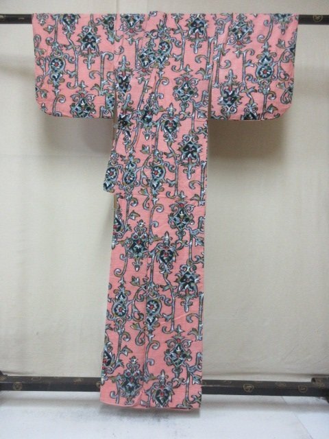 1 jpy superior article silk kimono fine pattern .. antique olientaru. flower flower Tang . stylish high class . length 145cm.64cm[ dream job ]***