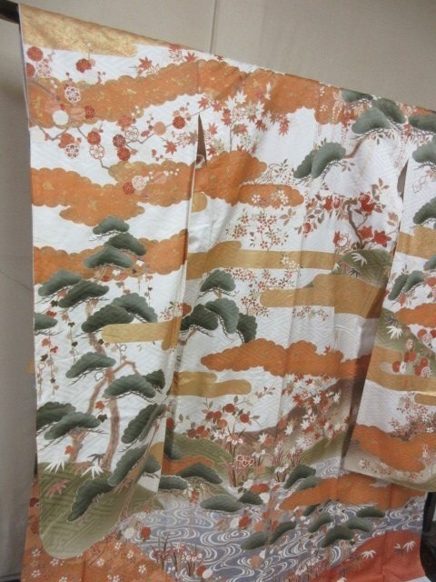 1 jpy superior article silk kimono long-sleeved kimono ... industry go in . gold paint four season flower .. scenery high class . length 162cm.68cm * excellent article *[ dream job ]****