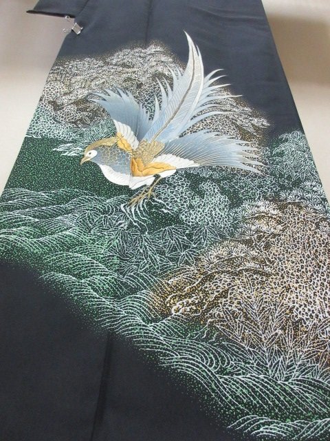 1円 良品 正絹 着物 留袖 縮緬 比翼付 尾長鳥 波 草花 高級 袷 身丈154cm 裄65cm【夢職】★★★の画像4