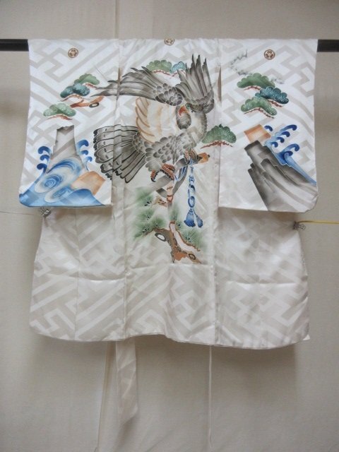 1 иен хорошая вещь натуральный шелк ребенок кимоно производство надеты для мальчика "Семь, пять, три" античный рука .. ястреб волна симпатичный . длина 99cm[ сон работа ]***