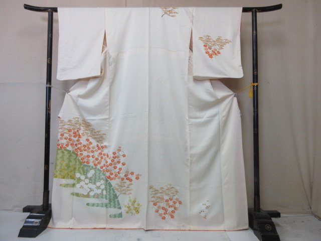 1円 中古 正絹 着物 訪問着 縮緬 卒業 入学 暈し 草花 桜 椿 松 網目 枝花 高級 袷 身丈156cm 裄67cm【夢職】★★_画像1