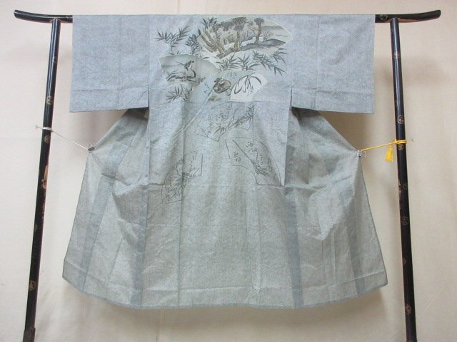 1円 良品 化繊 長襦袢 男性用 浮世絵 地紙 風景 人物 鳥 小槌 高級 渋カッコいい 袖無双 身丈128cm 裄65cm【夢職】★★★_画像2