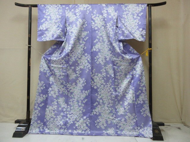 1 jpy superior article .. kimono fine pattern ... purple blow .... flower floral print lovely stylish high class . length 163cm.65cm[ dream job ]***