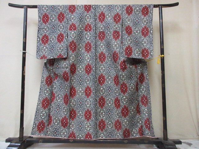 1 jpy superior article silk kimono fine pattern .. pongee antique olientaru. flower flower . stylish high class . length 145cm.62cm[ dream job ]***