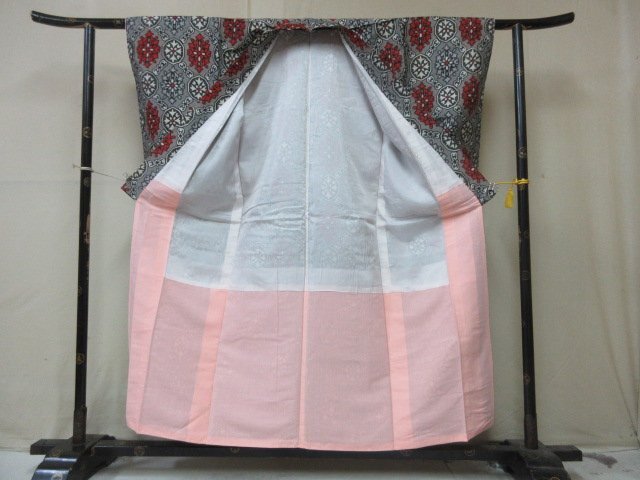 1 jpy superior article silk kimono fine pattern .. pongee antique olientaru. flower flower . stylish high class . length 145cm.62cm[ dream job ]***