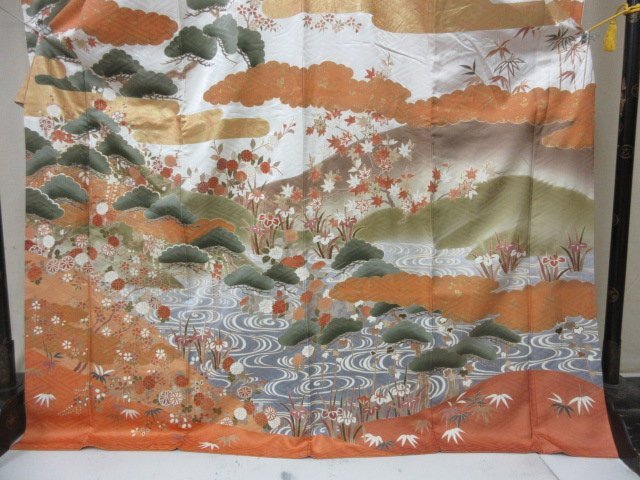 1 jpy superior article silk kimono long-sleeved kimono ... industry go in . gold paint four season flower .. scenery high class . length 162cm.68cm * excellent article *[ dream job ]****