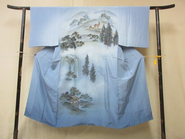 1 jpy superior article silk long kimono-like garment for man ukiyoe deer Bambi scenery forest .. tree high class . good-looking sleeve peerless length 130cm.66cm[ dream job ]***
