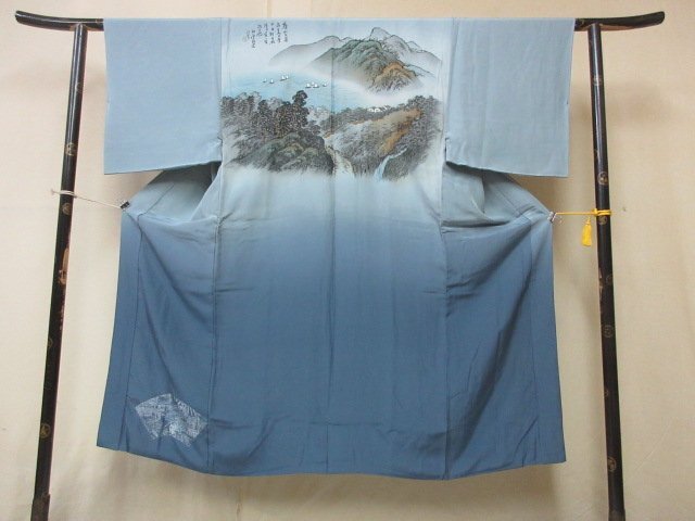 1 jpy superior article silk long kimono-like garment for man ukiyoe scenery boat sea forest .. tree . mountain high class . good-looking . length 132cm.68cm[ dream job ]***