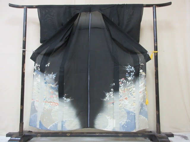 1円 良品 正絹 着物 留袖 絽 アンティーク 大正浪漫 草花 秋草 波 冠婚葬祭 高級 単衣 身丈142cm 裄61cm【夢職】★★★の画像2