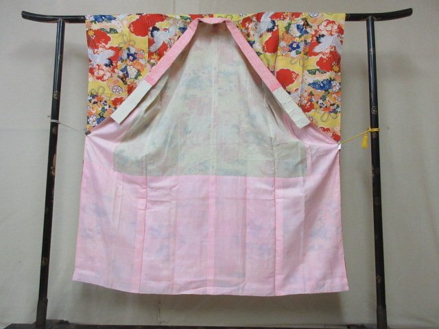 1円 中古 正絹 長襦袢 縮緬 入学 卒業 アンティーク レトロ 飛鶴 薬玉 古典文様 かわいい 袷 身丈133cm 裄62cm【夢職】★★★_画像4