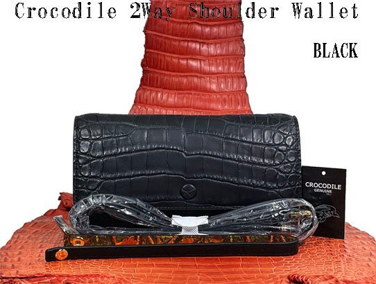 格安 ～ クロコダイル 2Ｗａｙ ショルダー ウォレット ブラック 実物画像 新品 美品 ゴージャスなブラックカラー新デザイン