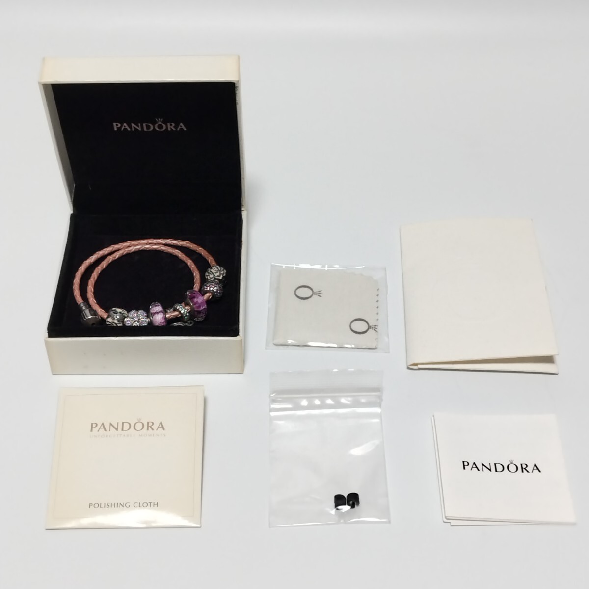 PANDORA パンドラ ブレスレット ピンク レザー バラ チャーム シルバー 925 バングル アクセサリー A-535_画像1