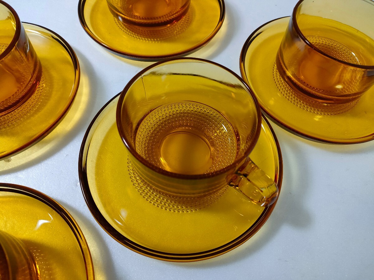 昭和レトロ アンバー 硝子 琥珀 べっこう 飴色 カメイガラス カップ&ソーサー 5客 ガラス製 デザートカップにも 喫茶 茶器 インテリアの画像3