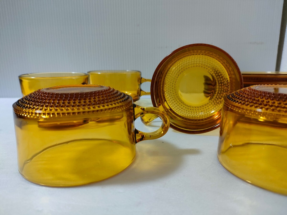 昭和レトロ アンバー 硝子 琥珀 べっこう 飴色 カメイガラス カップ&ソーサー 5客 ガラス製 デザートカップにも 喫茶 茶器 インテリアの画像8
