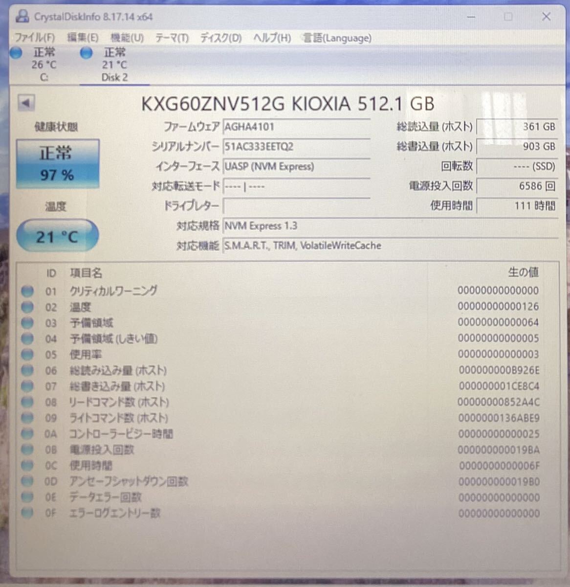 KIOXIA SSD M.2 2280 NVMe 512GB 使用時間:111hの画像2