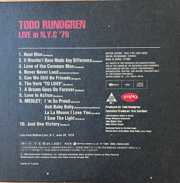 TODD RUNDGREN Live in N.Y.C. '78 トッド・ラングレン　国内盤CD_画像2