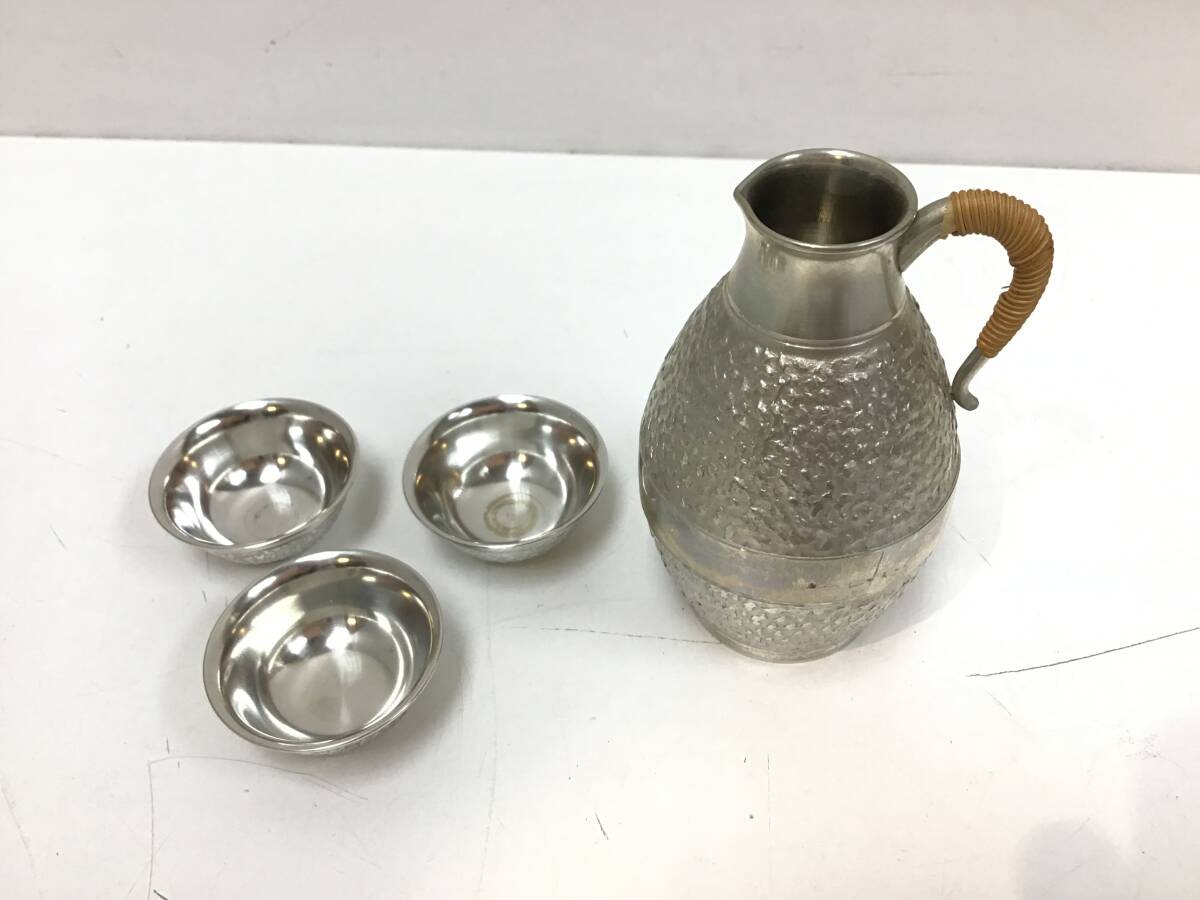 3212■　錫製品 御盃 3客 ちろり 1客 セット 本錫 酒器 おちょこ ぐいのみ 盃 すず 箱無_画像1