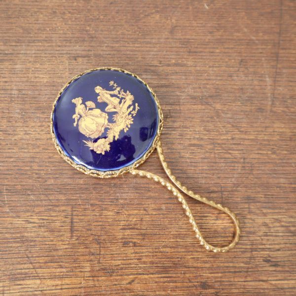fb60594 Vintage small size hand-mirror / mirror Limo -ju total length approximately 12cm Gold × navy old tool Limoges France 