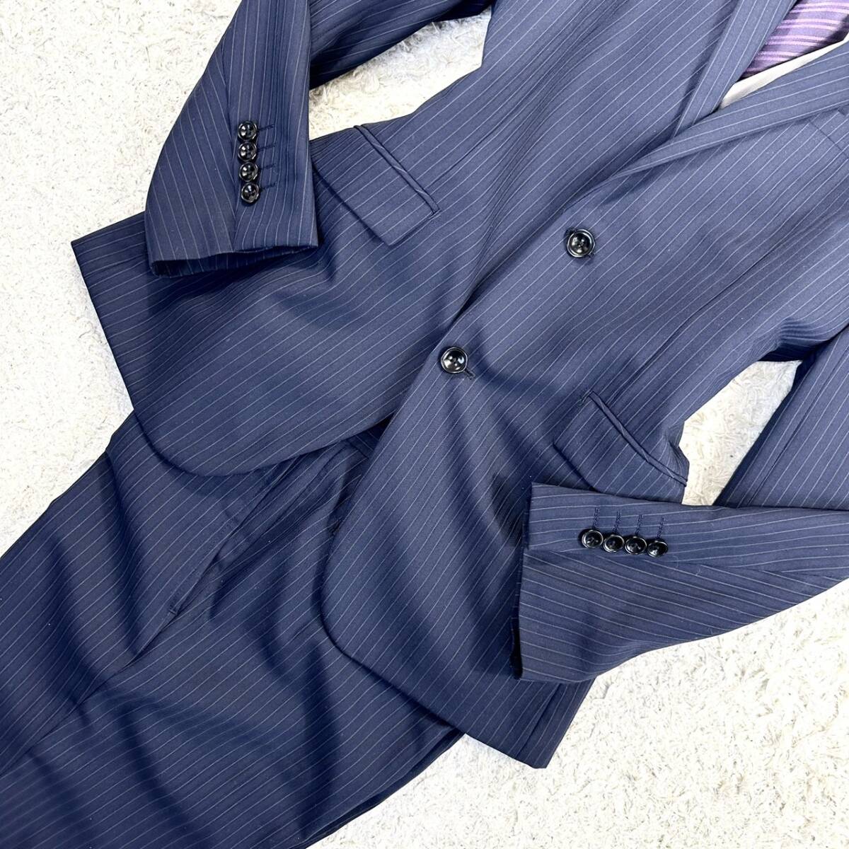 未使用級 XL パーフェクトスーツ Perfect Suit スーツ 上下セットアップ ビジネス 3ピース スリーピース ベスト ストライプ ネイビー Y7_画像4