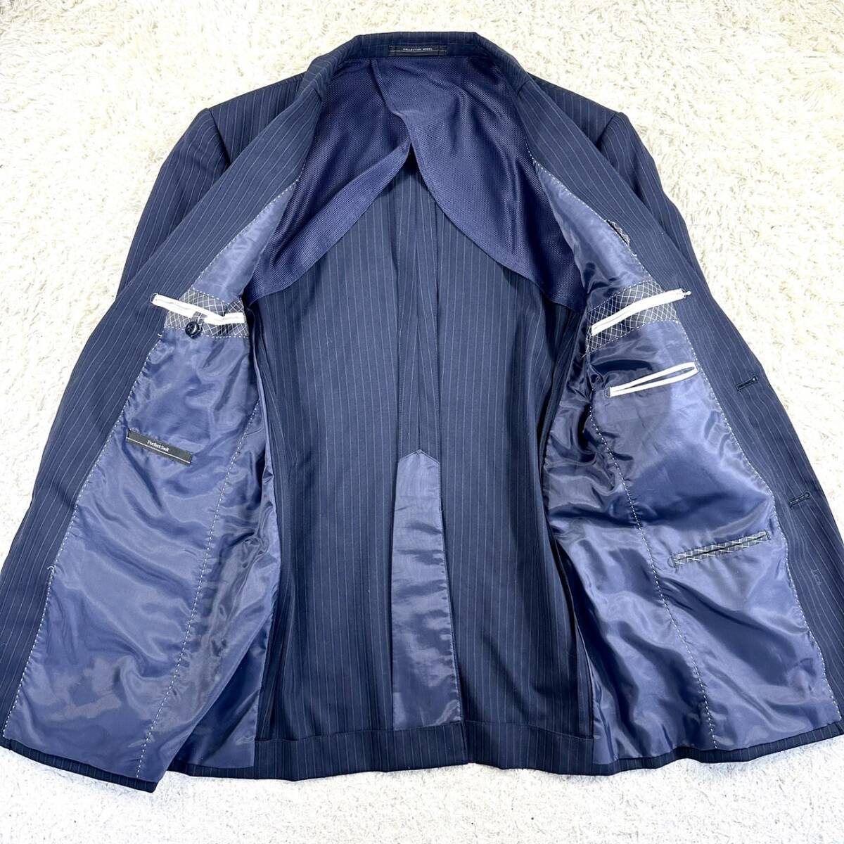 未使用級 XL パーフェクトスーツ Perfect Suit スーツ 上下セットアップ ビジネス 3ピース スリーピース ベスト ストライプ ネイビー Y7_画像5