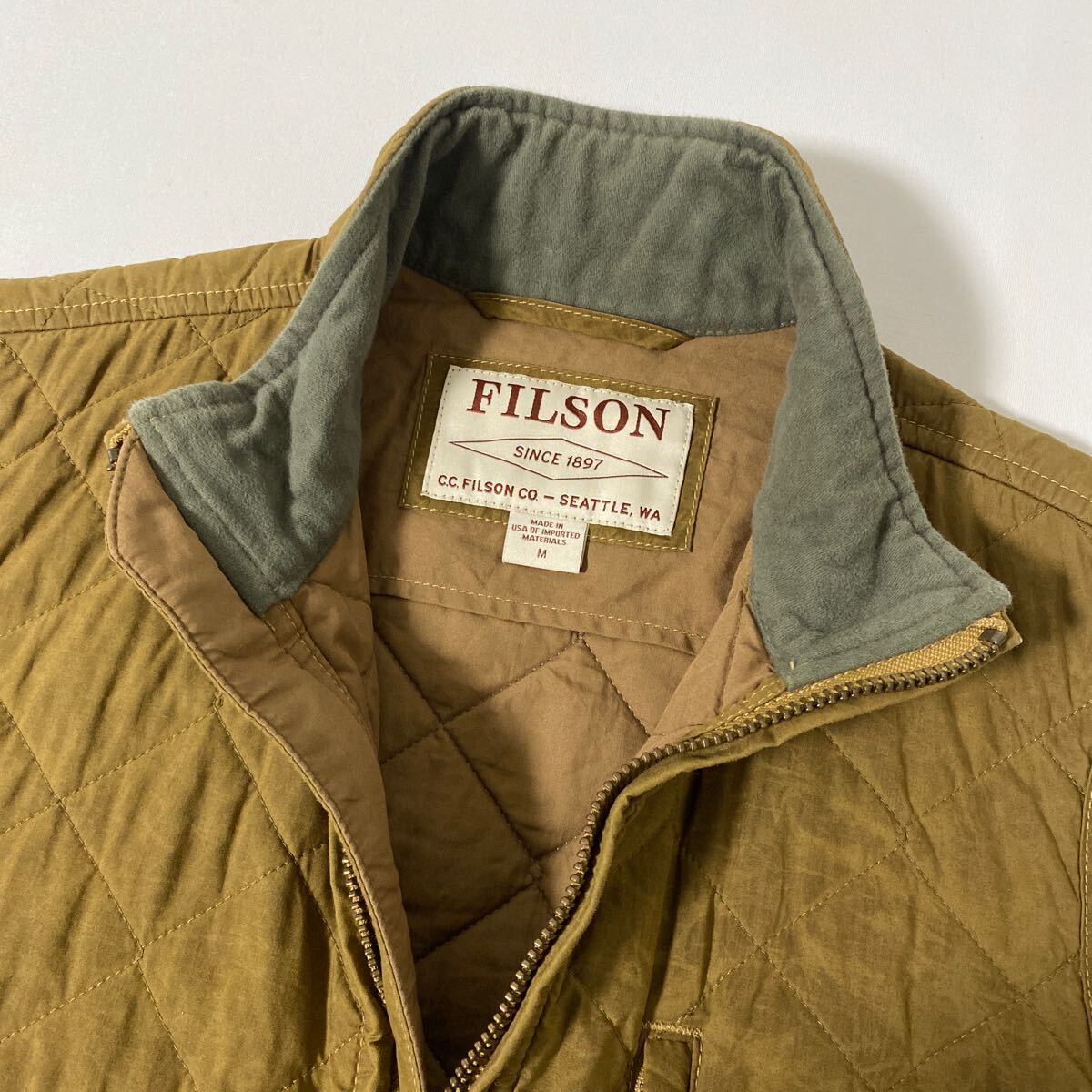 美品 アメリカ製 FILSON オイル クロス キルティング ベスト M 中綿 フィルソン tin cloth USA ダブル ジップ_画像4