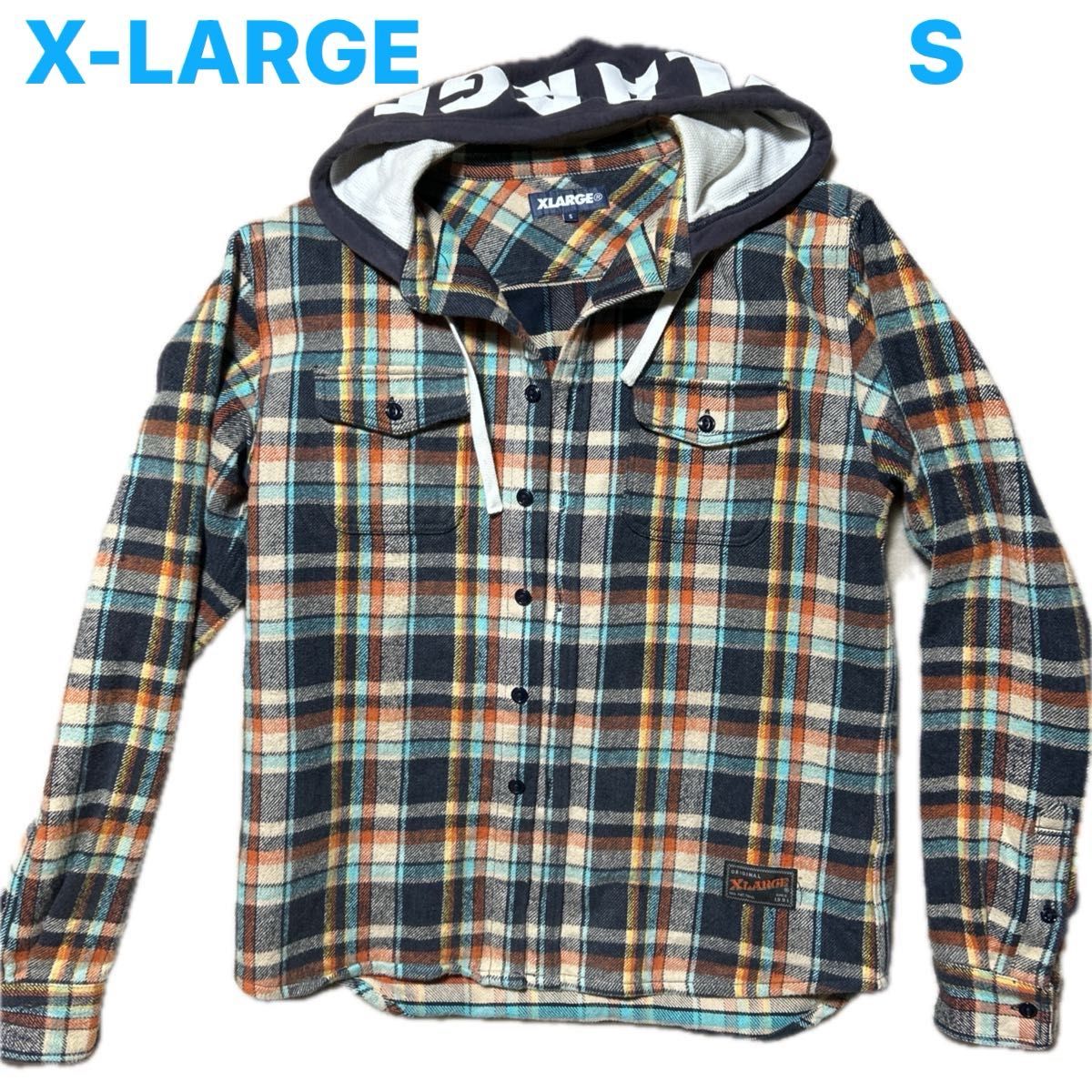 X-LARGE シャツパーカ ネルシャツ フーディー 厚手 チェック ロゴ プリント美品希少