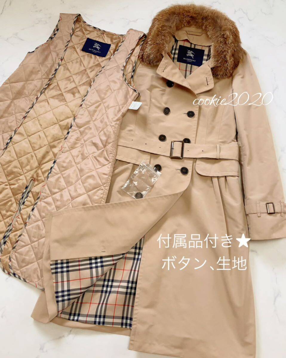 高級【未使用★フォックスファー付きコート】BURBERRY、バーバリーロンドン、春に活躍、美ライン、人気、ノバチェックの画像1