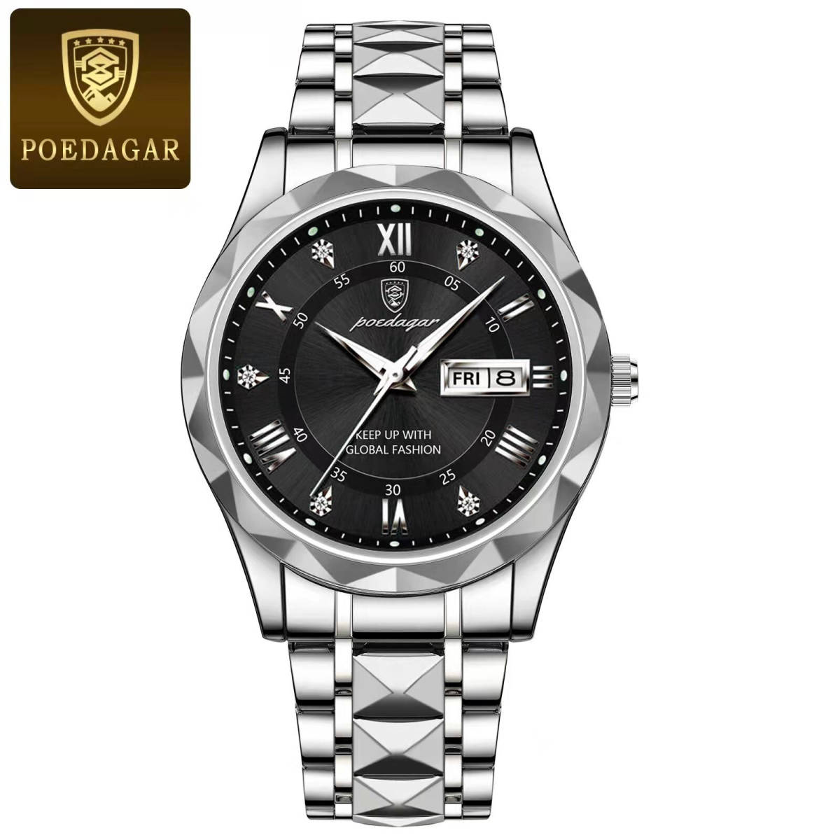 【Silver Black】メンズ高品質腕時計 海外人気ブランド Podedagar 防水 カレンダー クォーツ式 モデル615_画像1