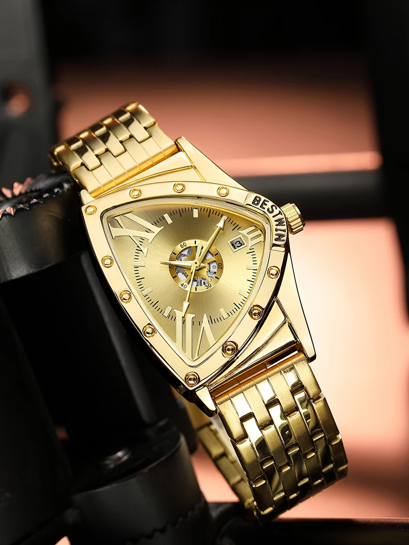 【ゴールド】メンズ高品質腕時計 海外人気ブランド BESTWIN トライアングル 防水 クォーツ式 メタルバンド ビジネス_画像3