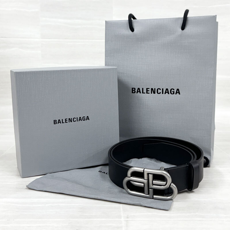 [HA946] trying on only BALENCIAGA Balenciaga waist belt men's 95cm BB buckle silver × black leather 570370 Italy made 