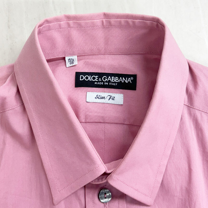 【HS316】中古　DOLCE&GABBANA ドルガバ　スリムフィット　カッターシャツ　ワイシャツ　カフス ロゴ刺繍　イタリア製　ピンク　メンズ 40_画像3
