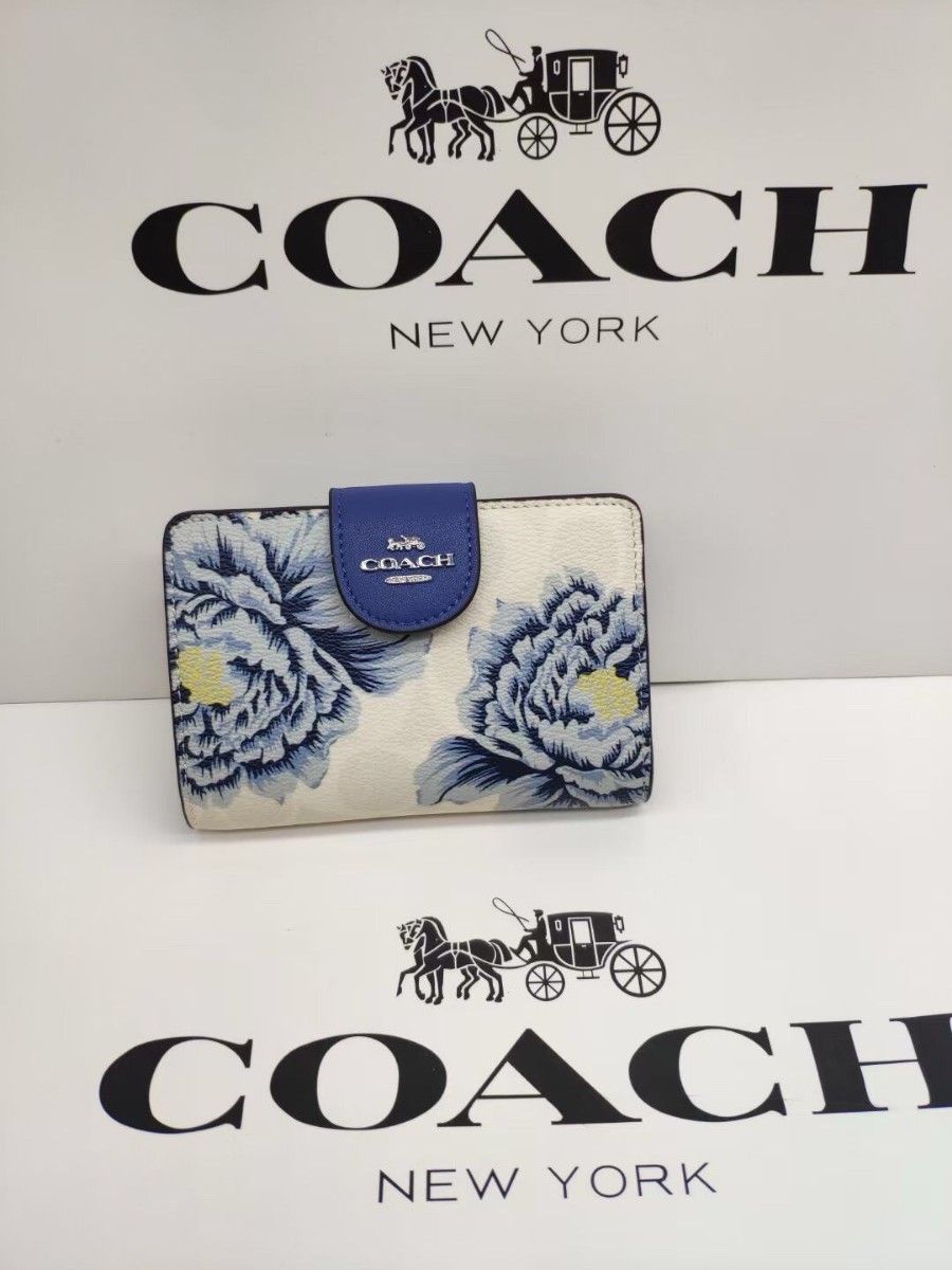 COACHアウトレット二つ折財布花柄ブルーホワイト