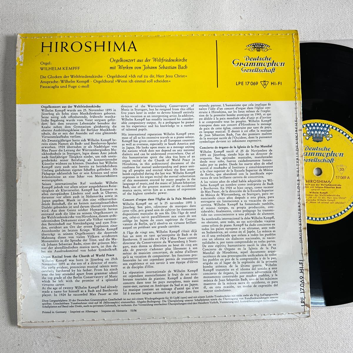 LP 独DGGフラット10インチ番 LPE 17069 ケンプ 『広島世界平和教会オルガンコンサート』 「Hiroshima」11/56の表記の画像2