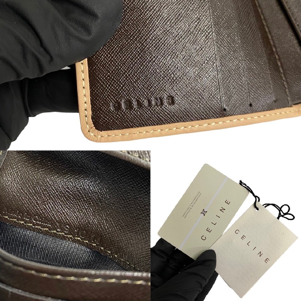 極 美品 箱 袋付 CELINE セリーヌ マカダム ブラゾン 柄 レザー がま口 二つ折り 財布 ミニ コンパクト ウォレット ブラウン 茶 09519_画像2