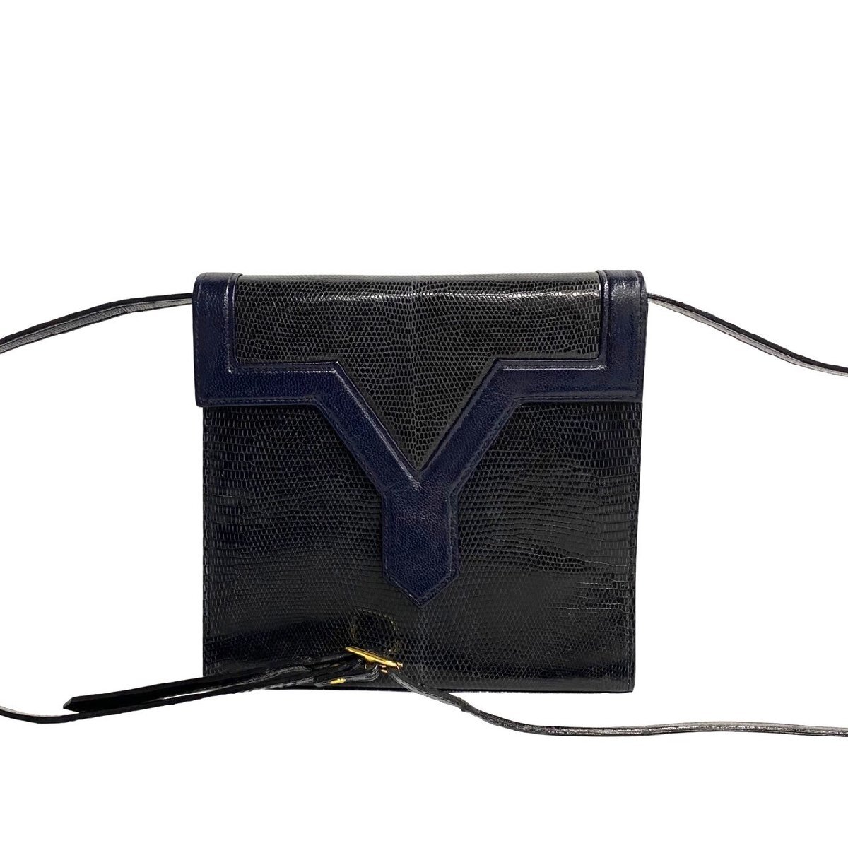 ほぼ未使用 YVES SAINT LAURENT イヴサンローラン YSL ロゴ リザード レザー 本革 ショルダーバッグ ポシェット サコッシュ ネイビー 69550_画像1