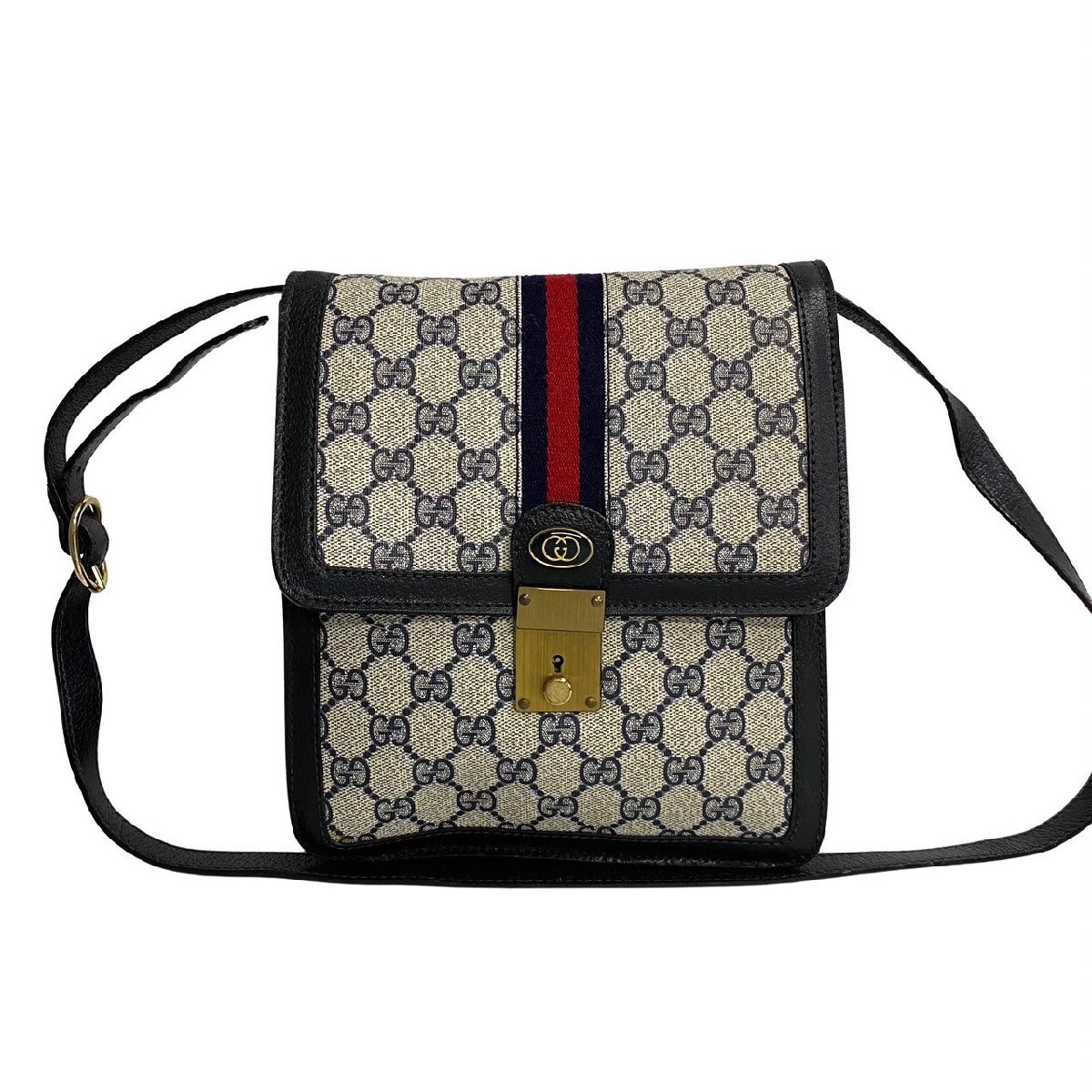 極 美品 GUCCI グッチ オールドグッチ シェリーライン GG ロゴ 金具 レザー 本革 ミニ ショルダーバッグ ポシェット ネイビー 63142_画像1