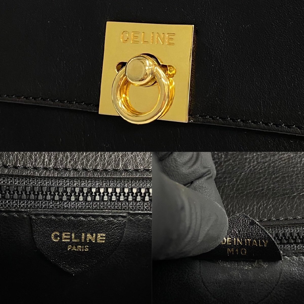 極 美品 希少品 CELINE セリーヌ ヴィンテージ リング金具 ロゴ レザー 本革 ハンドバッグ ミニ トートバッグ ブラック 黒 30805_画像3