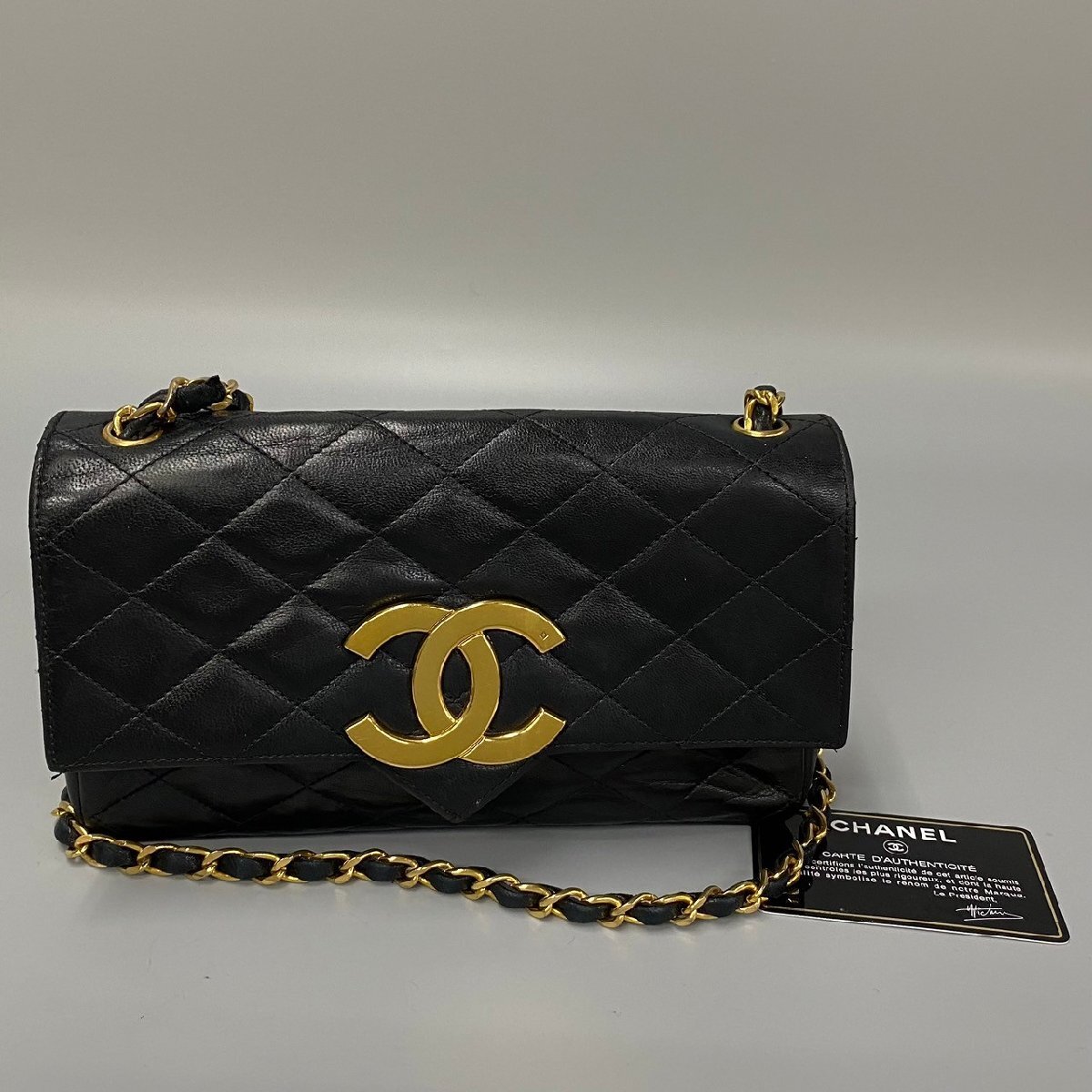 1円 極 美品 カード付 シール有 0番台 CHANEL シャネル デカココ マトラッセ 21cm ラムスキン ミニ ショルダーバッグ ブラック 20210_画像1