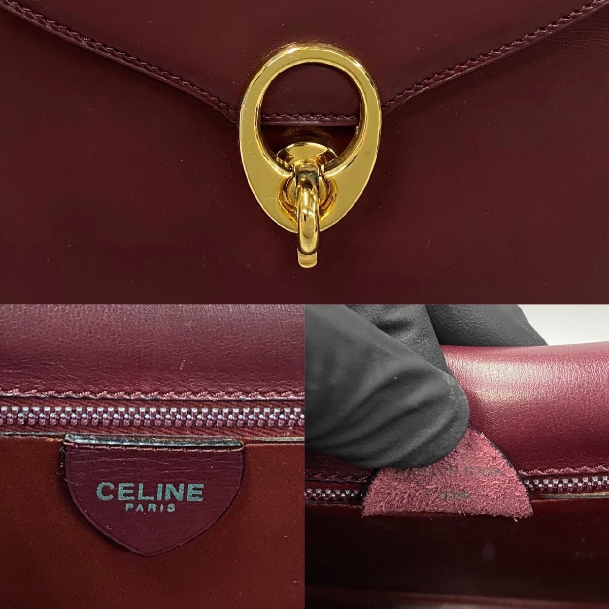 1円 極美品 保存袋付 CELINE セリーヌ ヴィンテージ ゴールド 金具 カーフ レザー 本革 ショルダーバッグ ポシェット ボルドー 29384_画像2