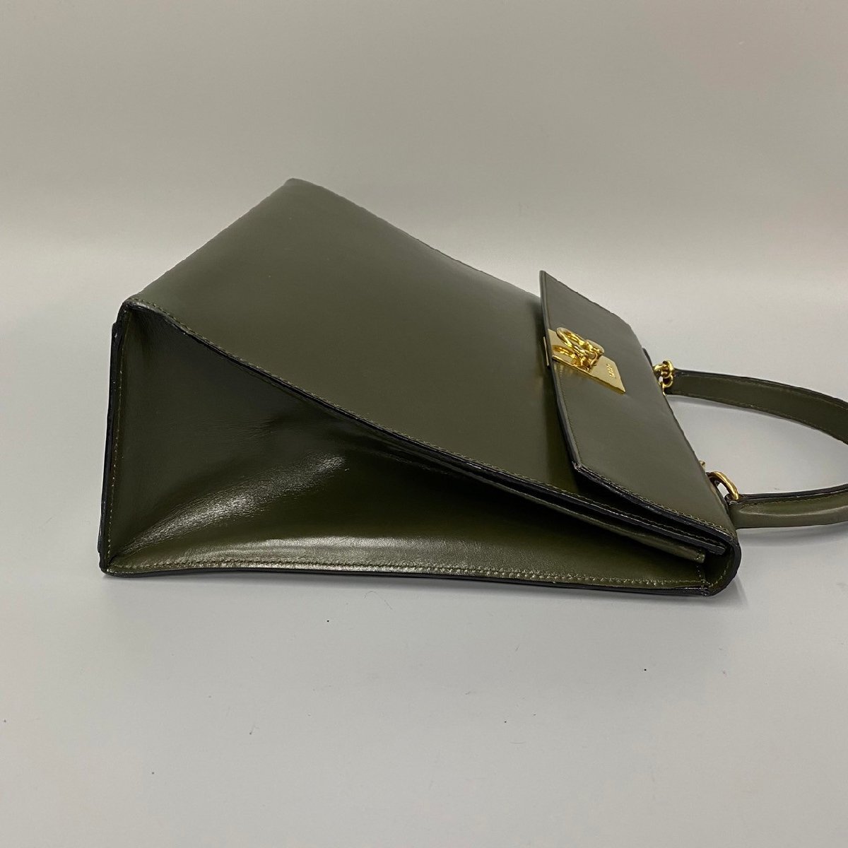 1円 極 美品 レア CELINE セリーヌ ヴィンテージ ロゴ リング 金具 カーフレザー 本革 ハンドバッグ ミニ トートバッグ カーキ 17016_画像5