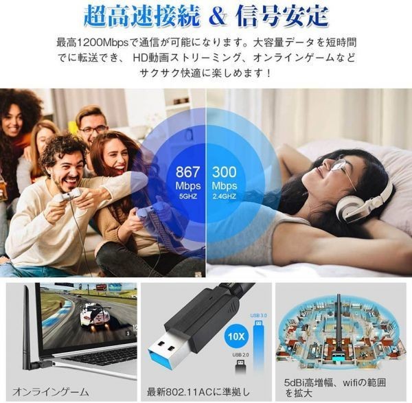 即納 WiFi 無線LAN子機 1200Mbps USB3.0 2.4G（300Mbps）5G （867Mbps） WiFi アダプター 無線 5dBi IEEE802.11ac/n/a/g/b 技術 子機&親機の画像5