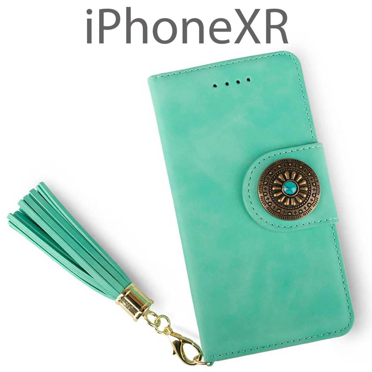 iPhoneXR ケース 手帳型 おしゃれ iPhone XR カバー 鏡付 ストラップ付 かわいい アイフォンXR かがみ グリーン 緑 コンチョ 送料無料 安い_画像1