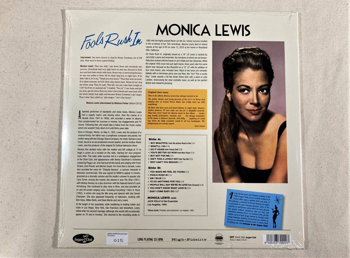 未開封　極上の女性ヴォーカル　モニカ・ルイス　Monica Lewis Fools Rush In 希少品　美品　EU盤　180g重量盤　限定盤　送料500円　1LP _画像2