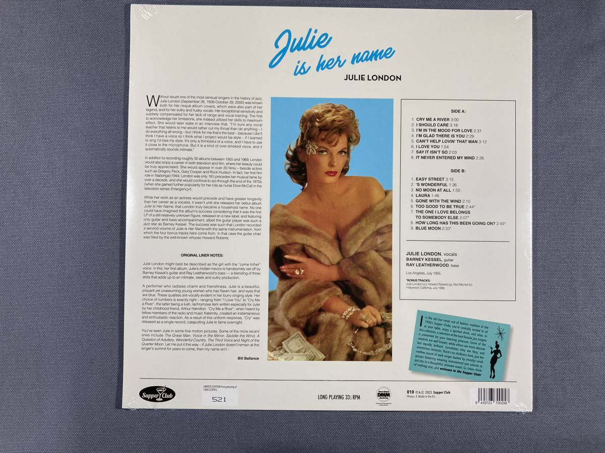 未開封 ジャズ・ヴォーカルの定番 ジュリー・ロンドン Julie London Julie Is Her Name  EU盤 180g重量盤 限定盤 送料500円 1LPの画像2