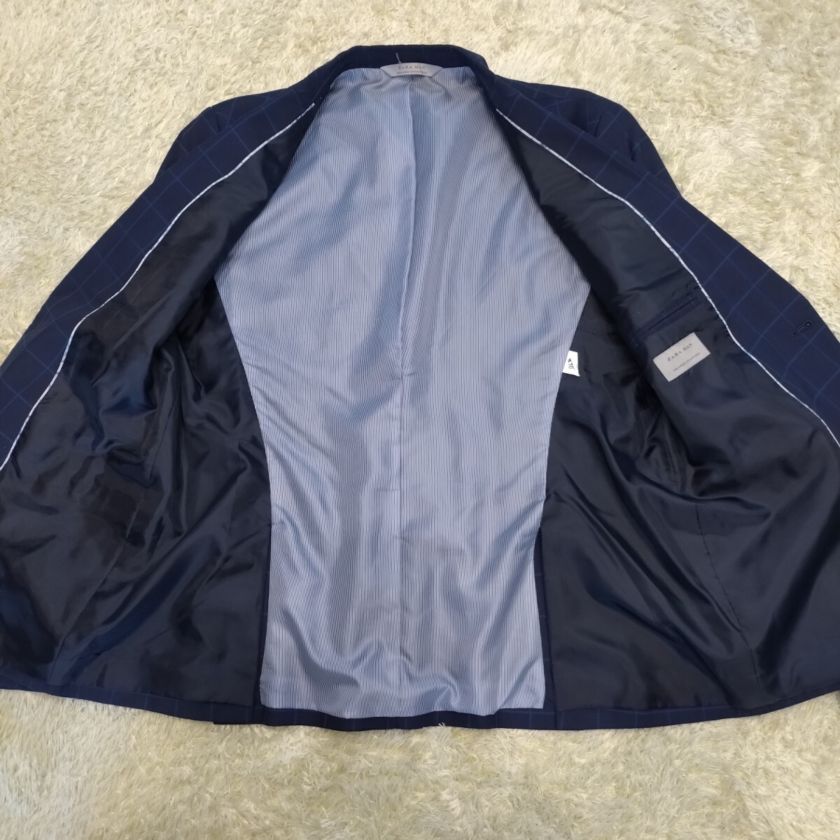 超超希少2XL！ザラマン【圧倒的存在感】ZARA MAN テーラードジャケット 3L XXL 44 ネイビー 2B チェック柄 ポケットチーフ 総裏地 本切羽_画像8