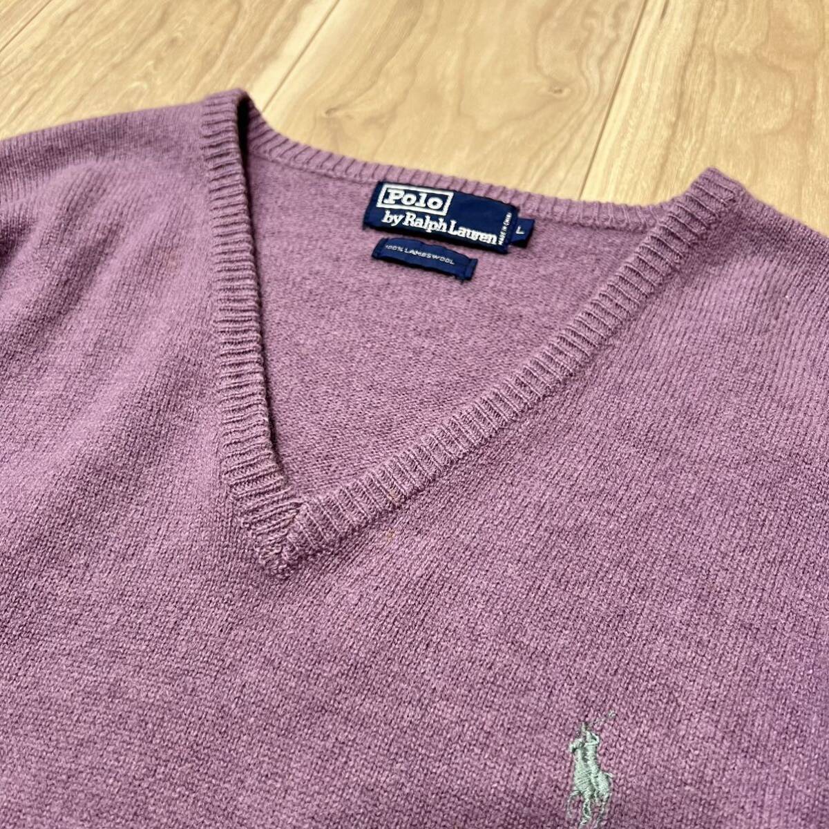 ★格安★POLO by Ralph Lauren ポロバイラルフローレン 長袖 ニット セーター 薄紫 パープル Vネック メンズ ウール サイズL R-5682_画像2