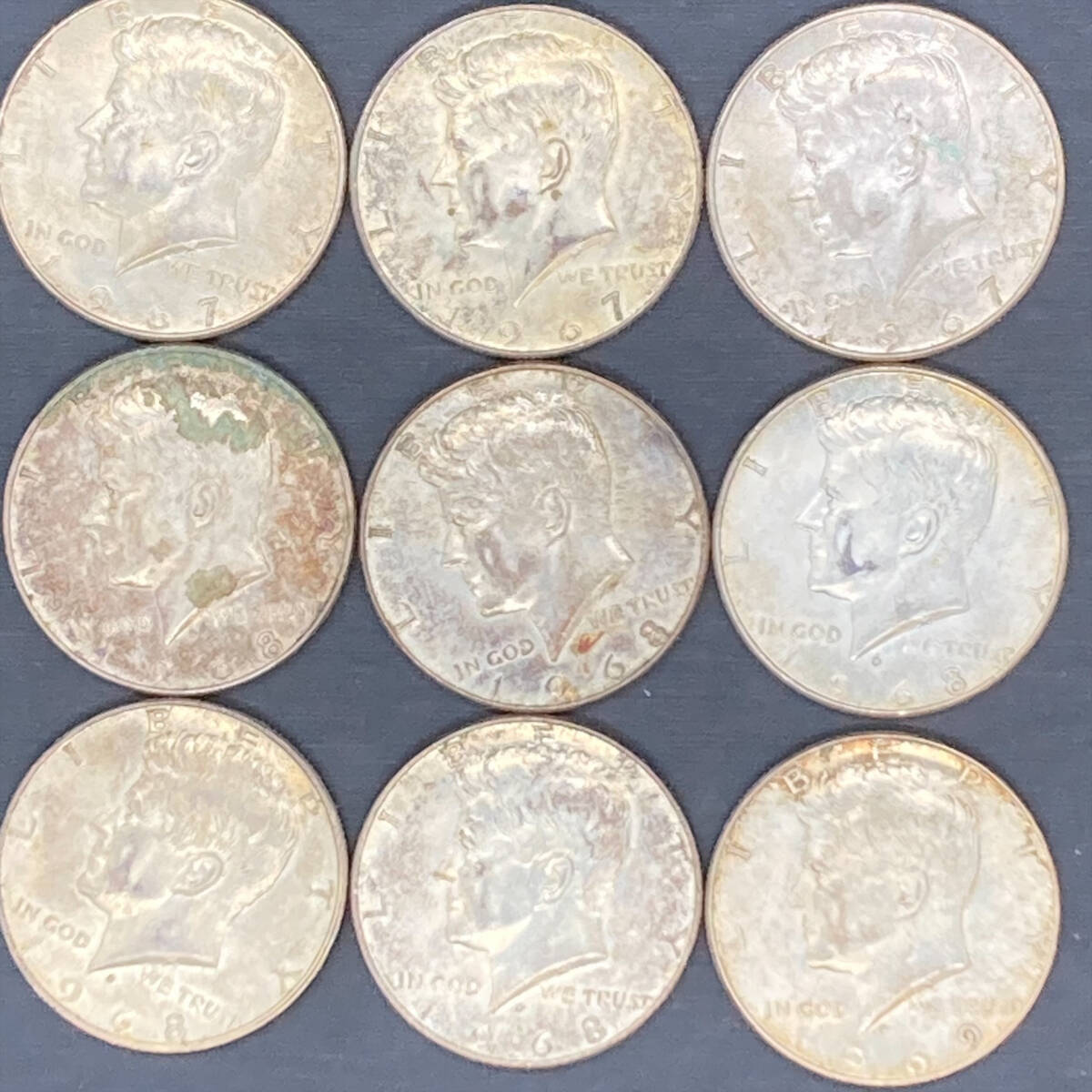 #7513 海外硬貨 アメリカ ケネディ HALFDOLLAR 50セント 銀貨 おまとめ9枚 1967＊3 1968＊5 1969＊1の画像1